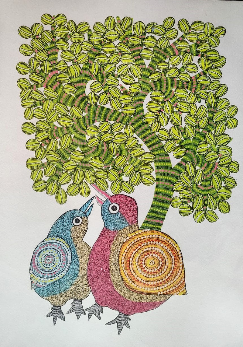 Cute Gond birds, size- 12x16 Inch