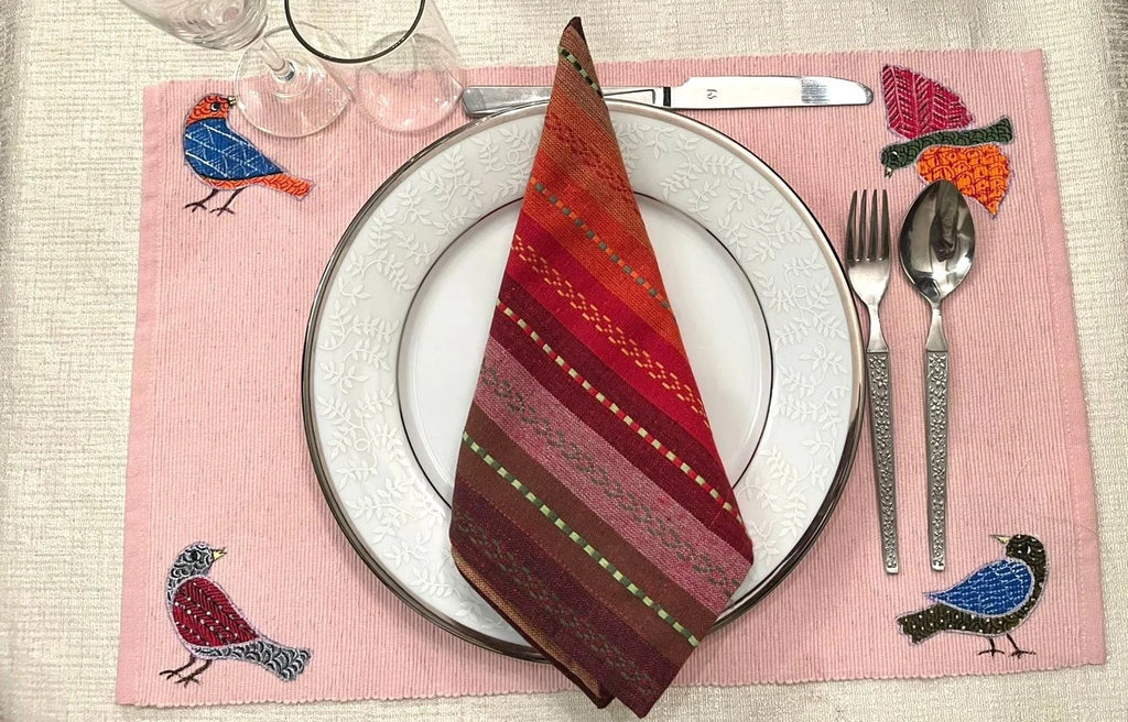 Hand Painted Dining Table pink Mat & Napkin set