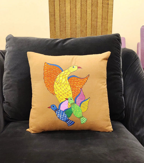 Hand Painted Birds Beige Cushion Cover