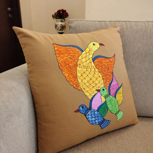 Hand Painted Birds Beige Cushion Cover