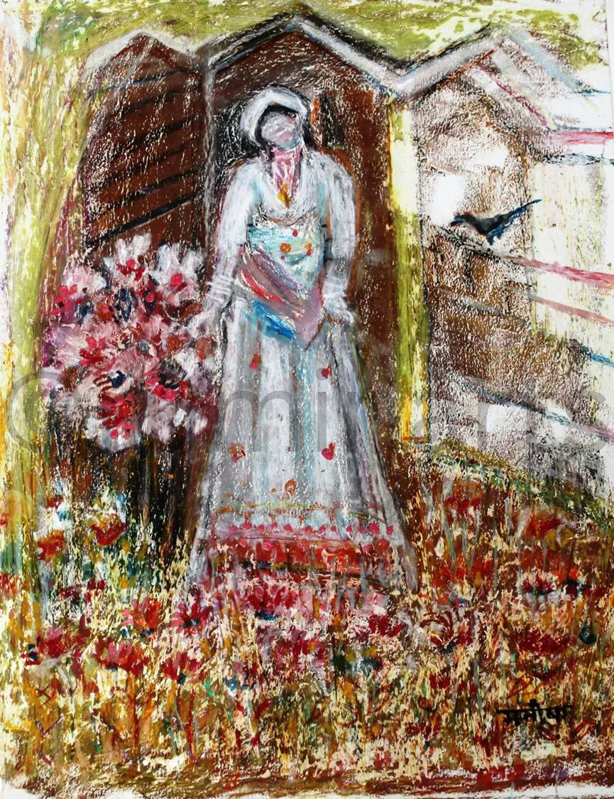 Lady with blooms, Size-14×10 Inch