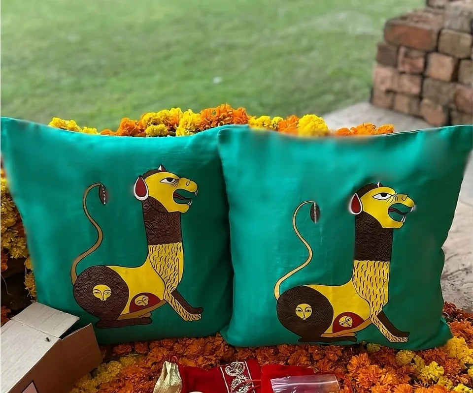 Hand Painted Tiger Green Cushion Cover