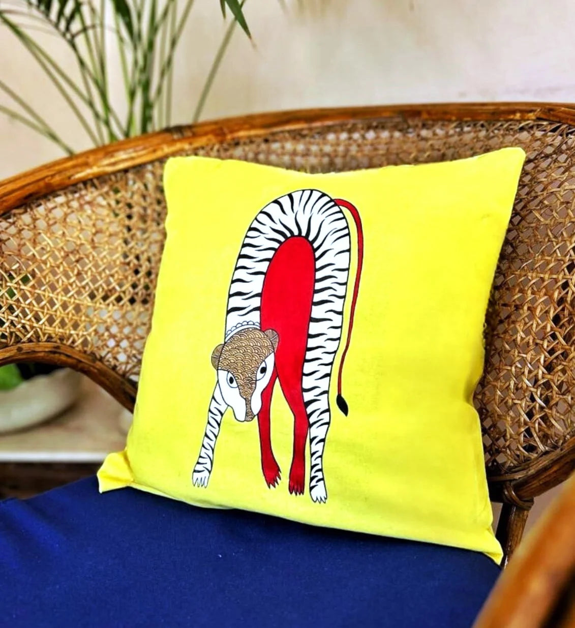 Hand Painted Tiger Yellow Cushion Cover