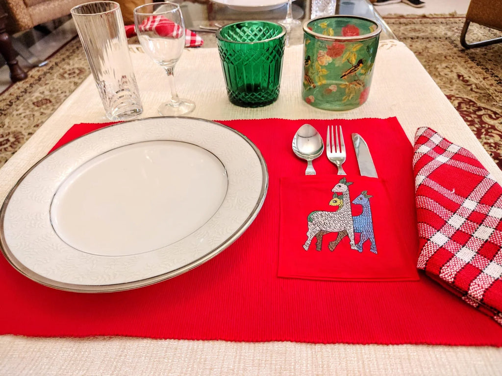 Hand Painted Dining Table red Mat & Napkin set