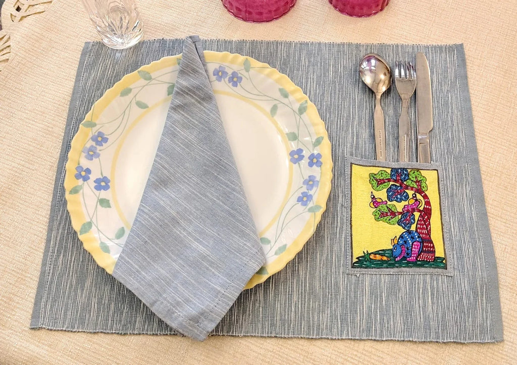 Hand Painted Dining Table blue Mat & Napkin set