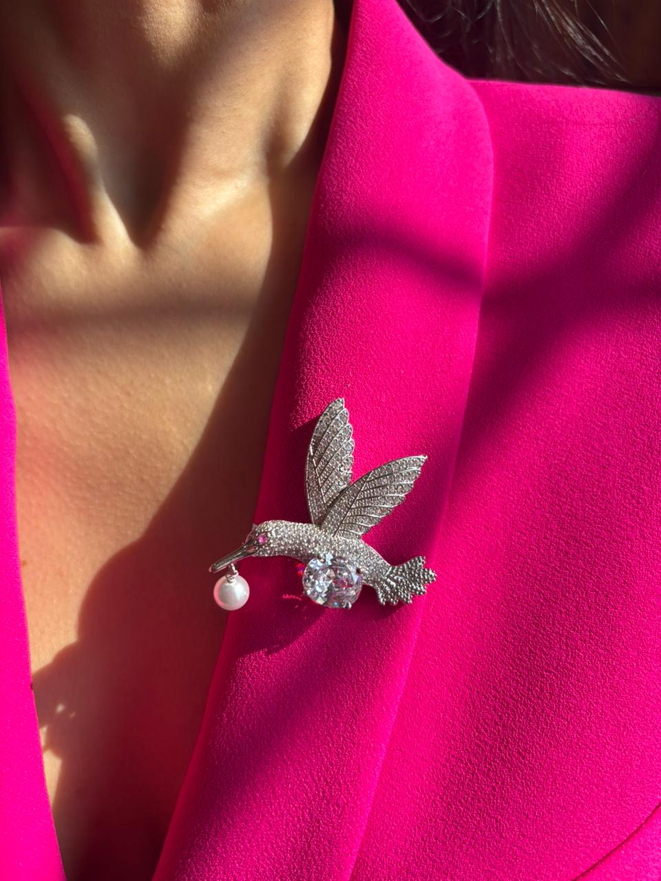 Crystal Hummingbird Brooch with Pearl Drop