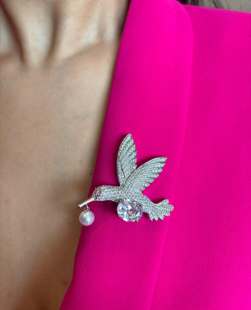 Crystal Hummingbird Brooch with Pearl Drop