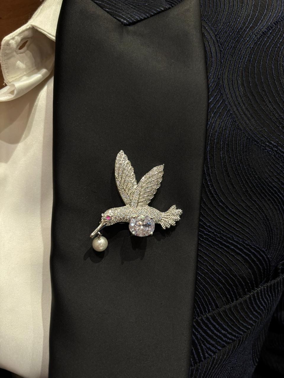 Crystal Hummingbird Brooch with Pearl Drop