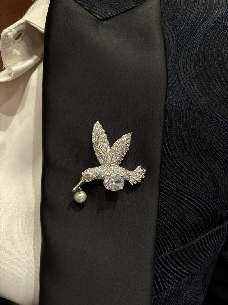 Crystal Hummingbird Brooch with Pearl Drop