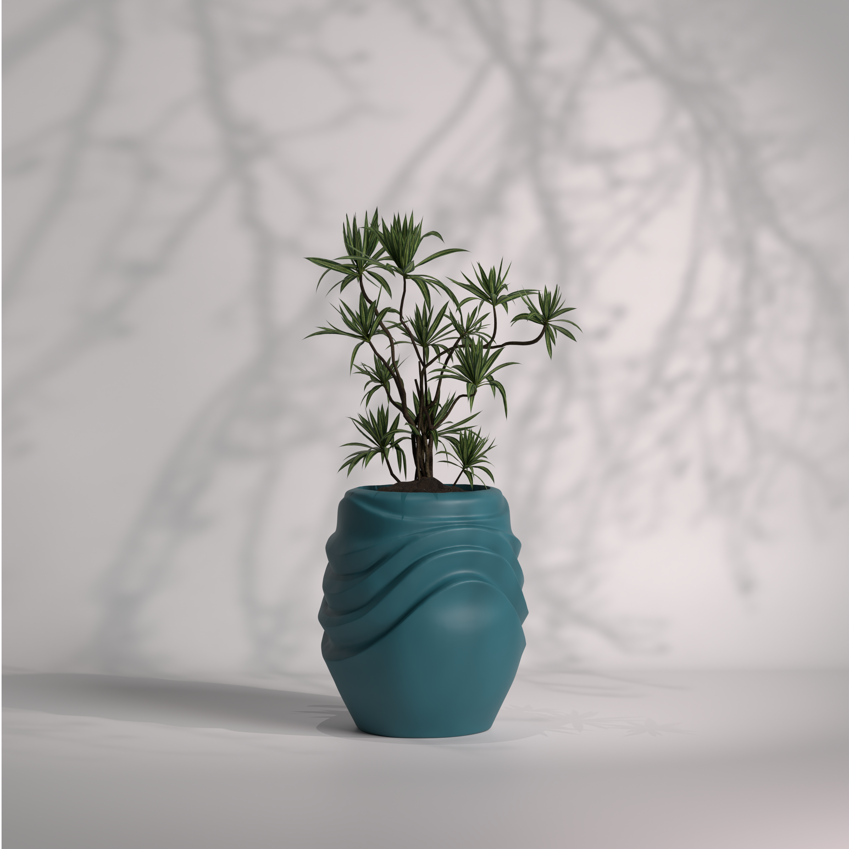 A small potted plant with green spiky leaves in a textured teal ceramic pot, centered against a soft gray background with leaf shadows.